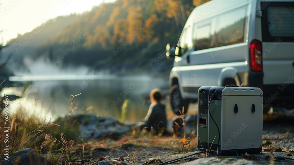 Portable power station, a compact and eco-friendly generator designed for outdoor activities like camping, hiking, and emergency preparedness. - obrazy, fototapety, plakaty 