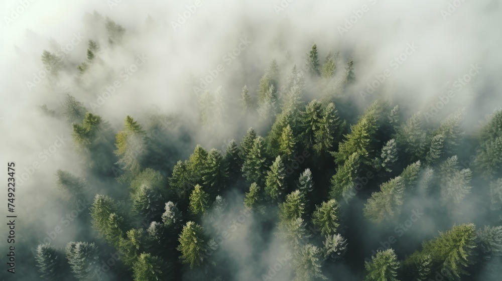 Fototapeta premium Green forest in fog drone view. The beauty of wild nature. 