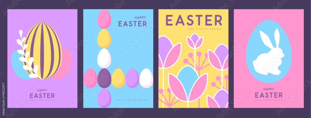 Set of holiday flat Easter posters with rabbit silhouette, Easter eggs, willow branch and floral elements. Vector illustration