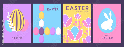 Wallpaper Mural Set of holiday flat Easter posters with rabbit silhouette, Easter eggs, willow branch and floral elements. Vector illustration Torontodigital.ca