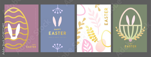 Set of holiday flat Easter posters with rabbit ears, Easter eggs, willow branch and floral elements. Vector illustration