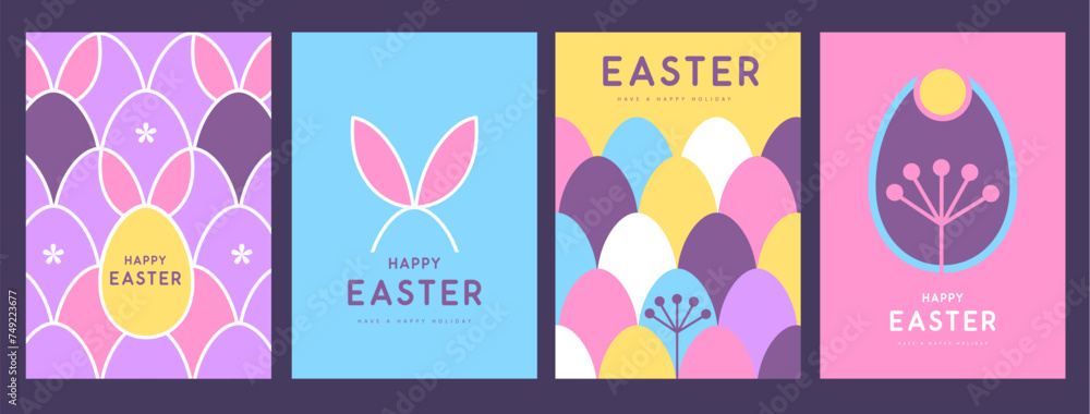 Set of holiday flat Easter posters with rabbit ears, Easter eggs, flowers and patterns. Vector illustration