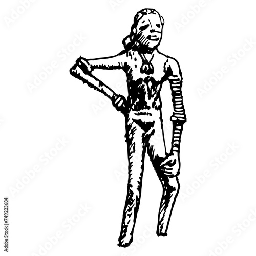 Dancing Girl from Mohenjo-Daro. Prehistoric bronze sculpture. Indus Valley civilization. Hand drawn doodle sketch. Black and white silhouette.