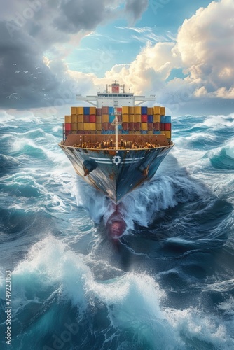 A realistic painting capturing a cargo ship sailing through the vastness of the ocean.