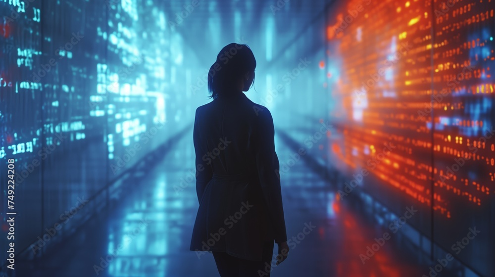 IT woman specialist working with AI algorithms. looking at the digital hologram. Digital network technology concept. IT woman specialist working with AI algorithms. looking at the digital hologram. Digital network technology concept.