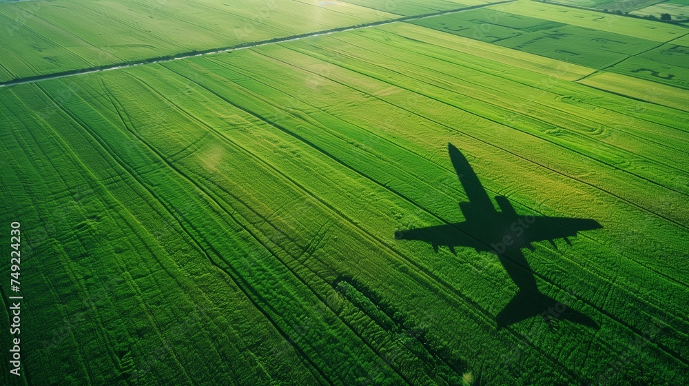 Conceptual image of green, eco-friendly fuel for aviation, symbolizing the sustainable future of air travel with a focus on environmental conservation. - obrazy, fototapety, plakaty 