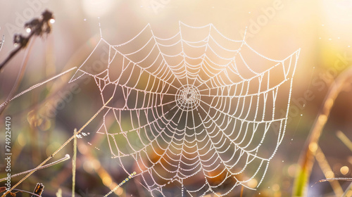 A spider web covered in morning dew, each droplet reflecting the new day's light, symbolizing interconnectedness