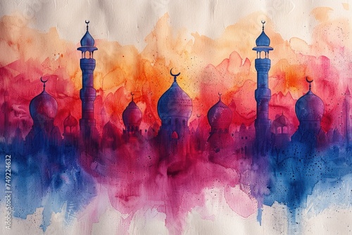 design watercolour painting of ramadan decoration and islamic greeting card background photo