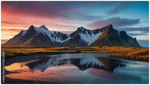 Vestrahorn mountaine on Stokksnes cape in Iceland during sunset. Amazing Iceland nature seascape. popular tourist attraction. Best famouse travel locations. Scenic Image of Iceland photo