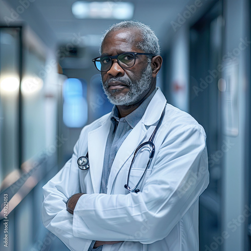 Doctor Male African American Professor Medicine 60 years old white coat hospital
