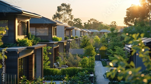 A suburban neighborhood, modern homes with green roofs and solar panels, harmonizing with the surrounding nature. A perfect blend of comfort, sustainability, and energy efficiency