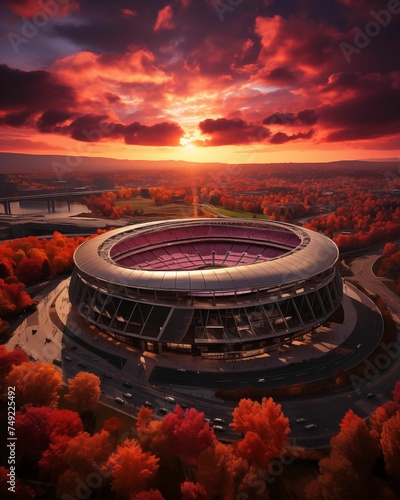 An aerial shot of a city building with a grassy stadium in the b