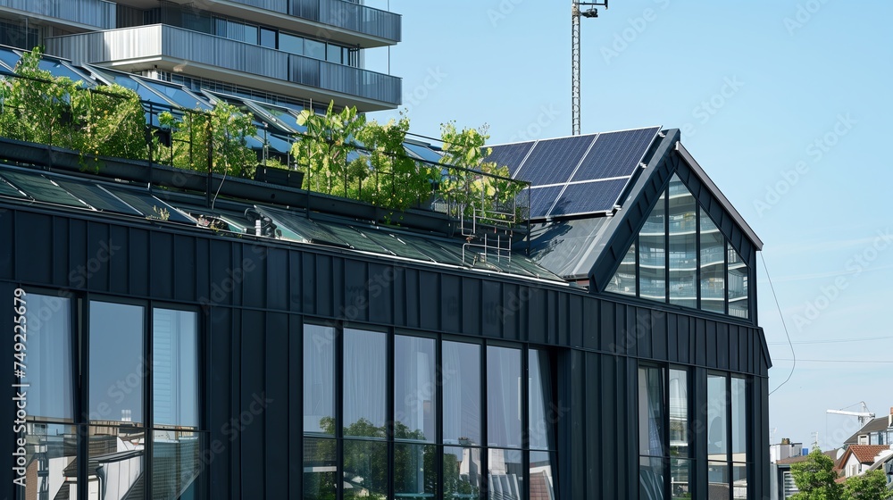 Obraz premium An urban greenhouse on top of a black residential architectural building, the greenhouse has a solarpanel roof