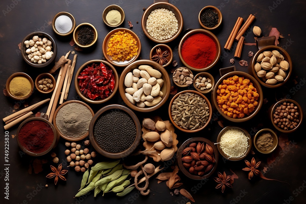Spices and herbs in wooden bowls on black background, top view Spices and herbs in wooden bowls on black background, top view