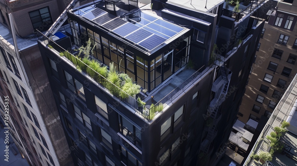 An urban greenhouse on top of a black residential architectural building, the greenhouse has a solarpanel roof