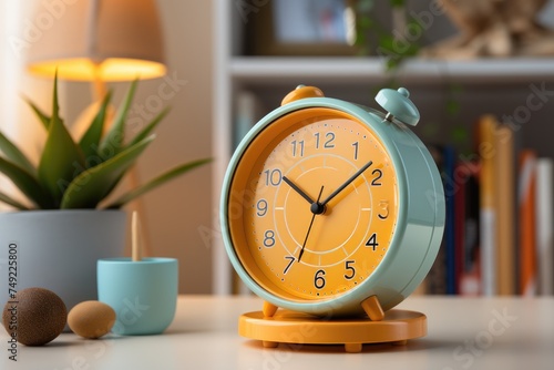 a digital alarm clock on a wooden table bedroom professional photography