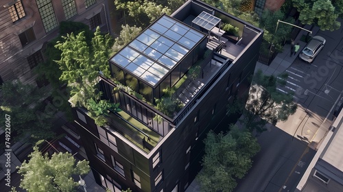An urban greenhouse on top of a black residential architectural building, the greenhouse has a solarpanel roof