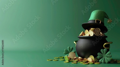 Realistic st. Patrick's day background. Green background with leprechauns cap and shamrocks.  