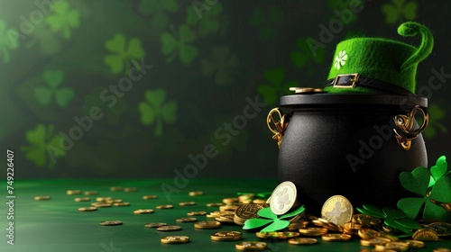 Realistic st. Patrick's day background. Green background with leprechauns cap and shamrocks. 