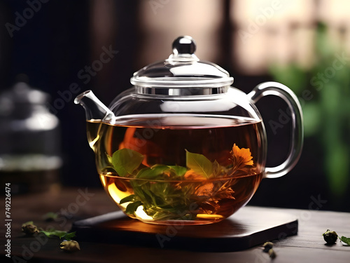 A transparent glass teapot brewing fragrant herbal tea