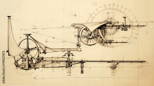 Abstract drawing illustrates ancient machine. Technical sketch reveals old mechanism.