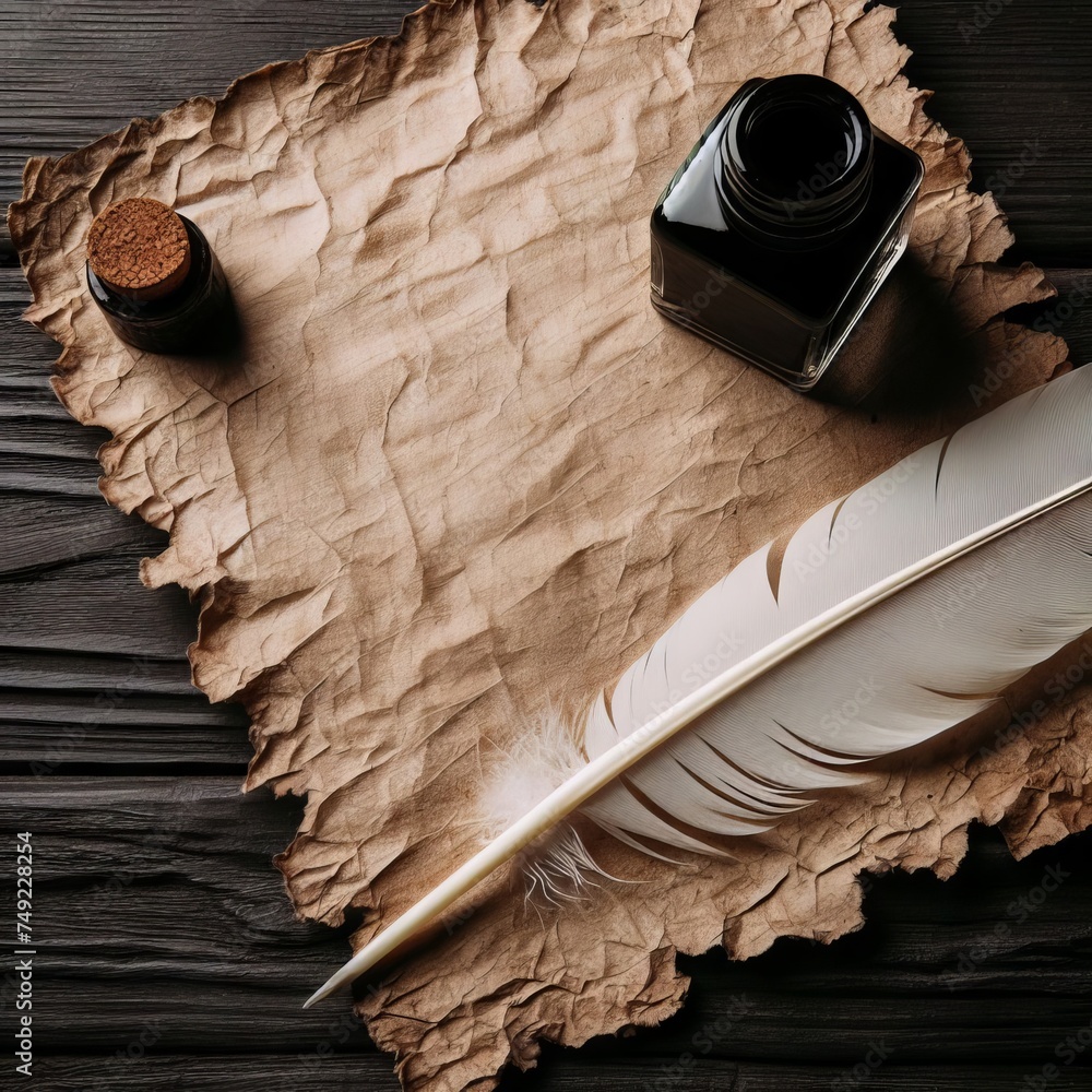 The photograph showcases the classic writing tools of a feather quill