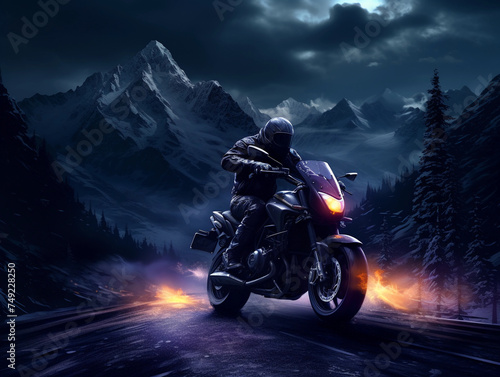 Motorcycle on the road in the mountains at night 