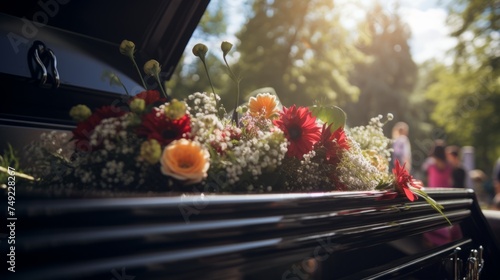 Flowers on a coffin in a cemetery at a funeral. Commemoration, death, memories. 