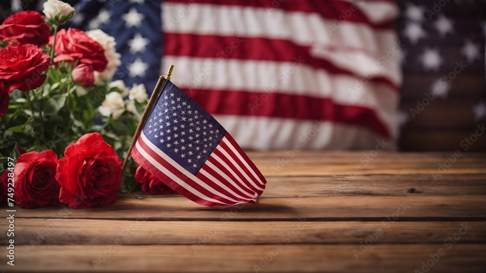 Obraz premium American flag with colorful flowers on a wooden table in the background, Memorial Day of USA