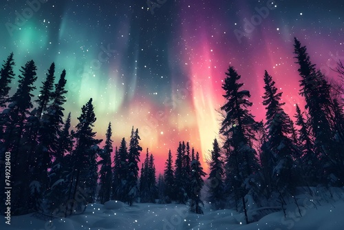 Witness the breathtaking phenomenon of the northern lights as vivid colors dance in the sky over a snowy pine forest.