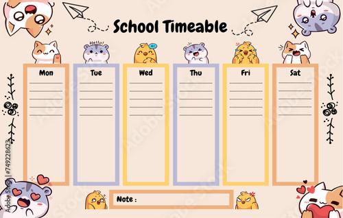 School timetable template with cartoon hamster and chicken. Back to school schedule with pink light background. Weekly schedule. 