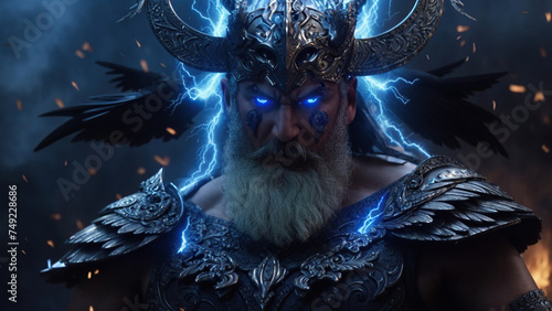 God Odin with glowing eyes and lightning in the background.