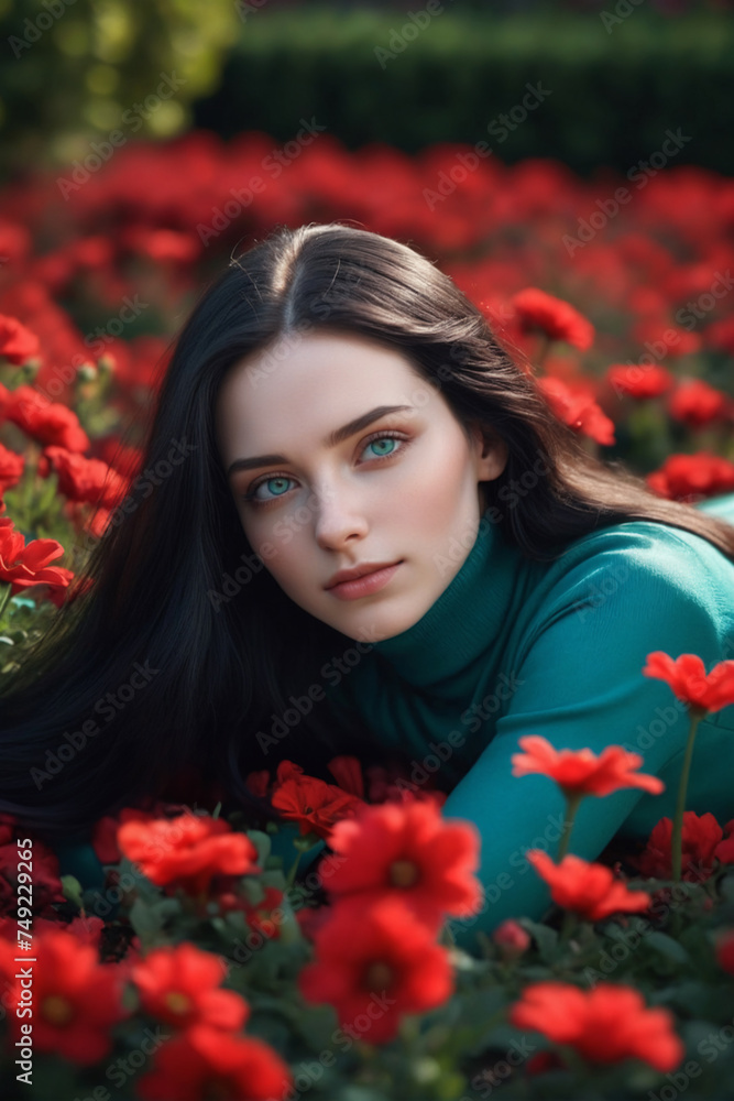 A beautiful young woman lying in a majestic red flowerbed A beautiful young woman lying in a majestic red flowerbed
