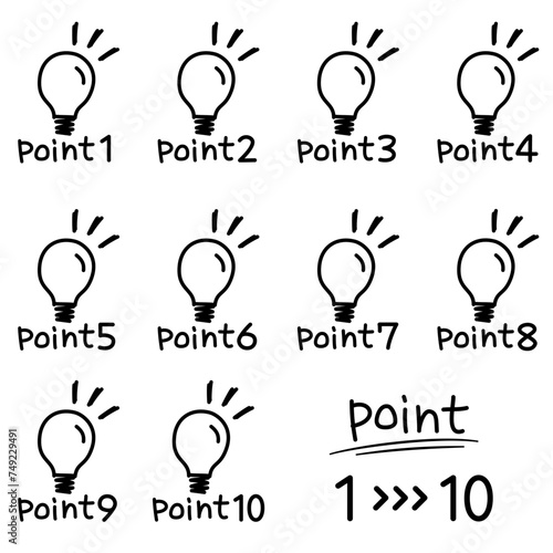 Cute light bulb point icon with handwritten line drawing (1 to 10)