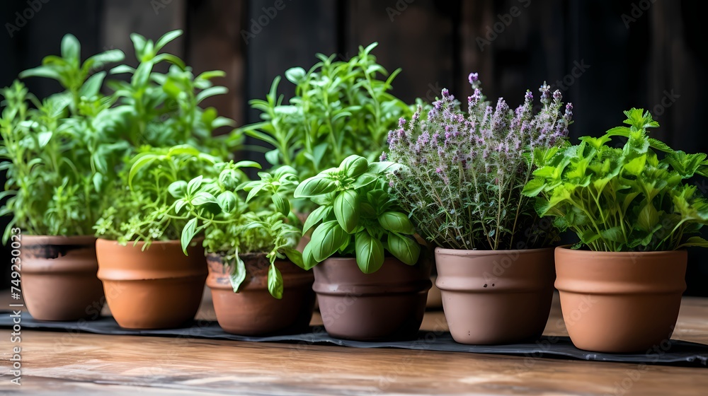 A group of aromatic herbs in small pots, suitable for culinary and wellness concepts.