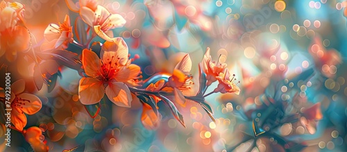A detailed painting depicting vibrant orange flowers blooming on a branch, set against a soft, blurred background of green foliage. The focus is on the intricate details of the flowers and leaves.