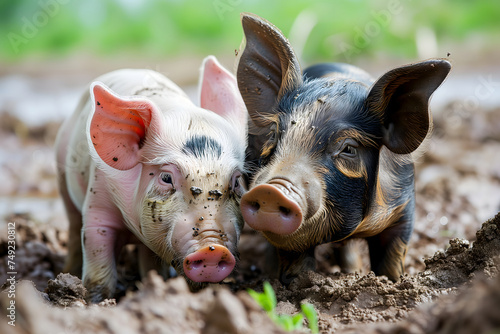 Two young pigs laying in a dirt. Neural network generated image. Not based on any actual scene or pattern.