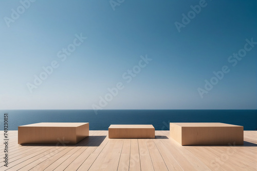 Abstract minimalist podium stage with square pedestals for product presentation against blue sky background and seas © Giuseppe Cammino