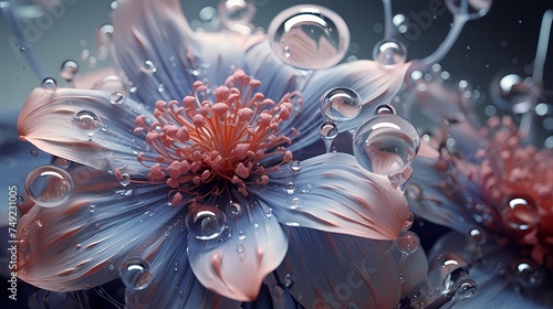 A macro view of a 3D dampened bouquet, capturing the intricate details of each water droplet clinging to delicate petals.
