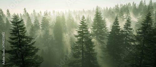 Dense Fog Blanketing a Forest of Tall Trees