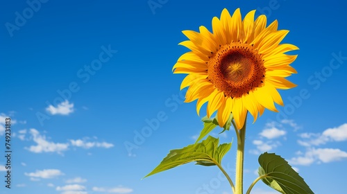 A single yellow sunflower standing tall against a blue sky.