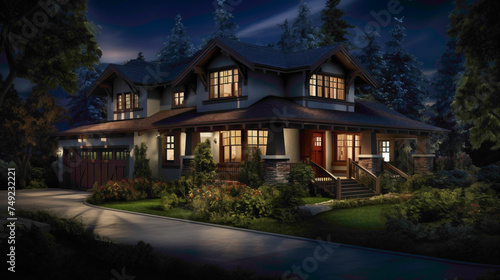 An aerial perspective unveils the exquisite charm of a classic craftsman house, its deep mahogany features aglow under the moonlit night sky.
