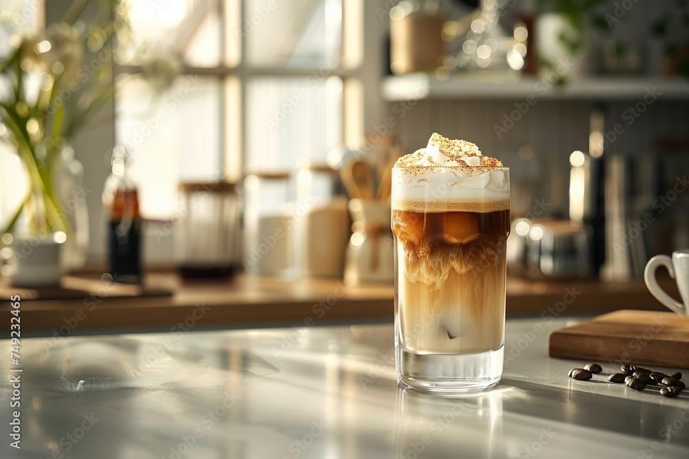 Gourmet Delight: Iced Coffee with Creamy Topping in Morning Light