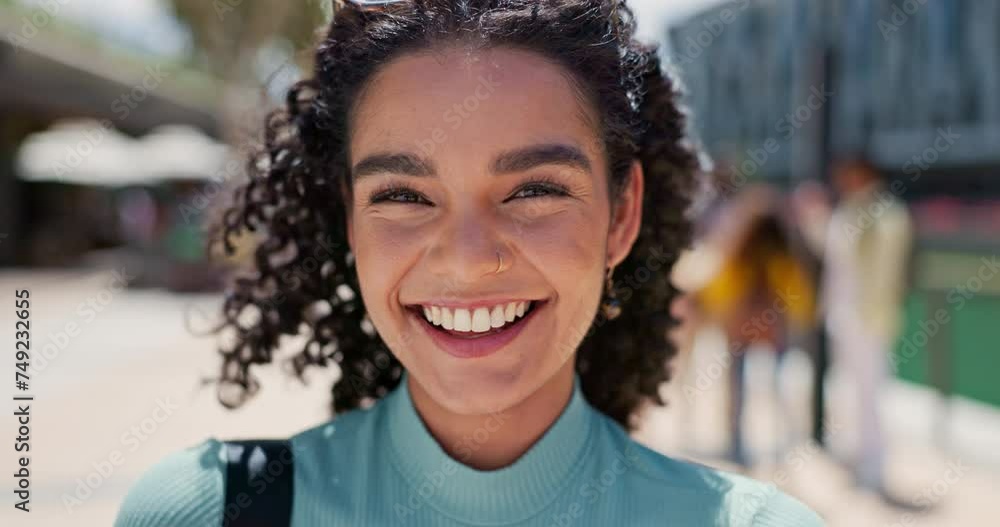 Face, student or laugh for relax, fun and walk on break on university campus in New Zealand. Happy, gen z and woman with smile, sunlight and backpack for leisure, rest and relaxation on spring day