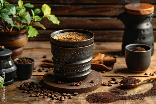 Rustic Brew: Handcrafted Coffee in a Stack of Stoneware Cups