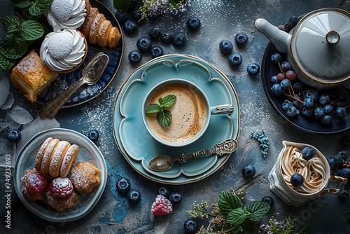 Vintage Elegance: Artisan Coffee with French Pastries and Fresh Berries