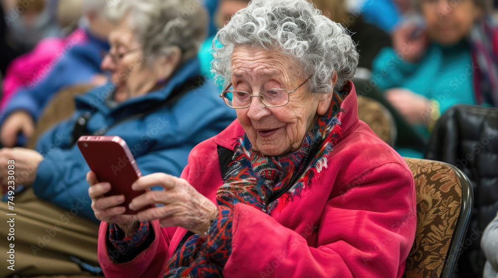An elderly woman is using a cell phone while surrounded by a crowd of people. She appears focused on her device amidst the bustling environment An elderly woman is using a cell phone while surrounded by a crowd of people. She appears focused on her device amidst the bustling environment