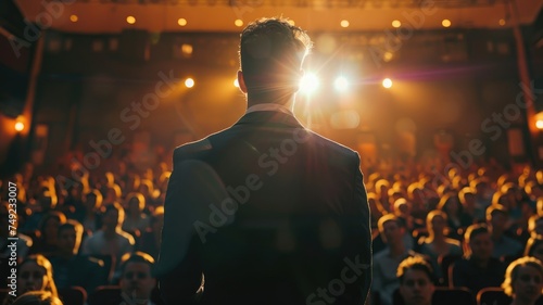 businessman standing on stage for motivation speech on conference or business event. generative ai photo