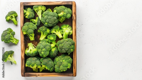 Broccoli in wooden box on white background. generative ai
