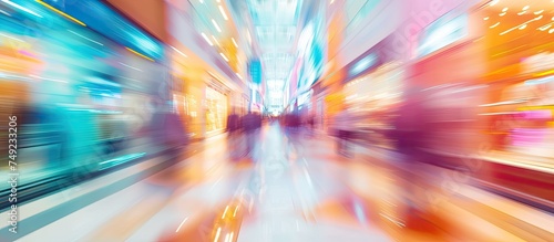 A blurred city street filled with buildings, pedestrians, and vehicles in motion, creating a dynamic and bustling atmosphere.